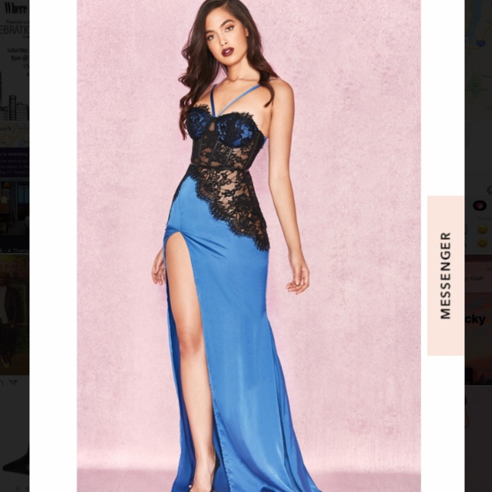 House of CB Sapphire Blue & Black Satin Lace Maxi